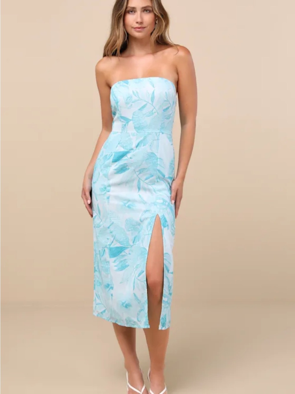 Lulu’s Lyra Light Blue Strapless Floral Midi Dress with Front Slit